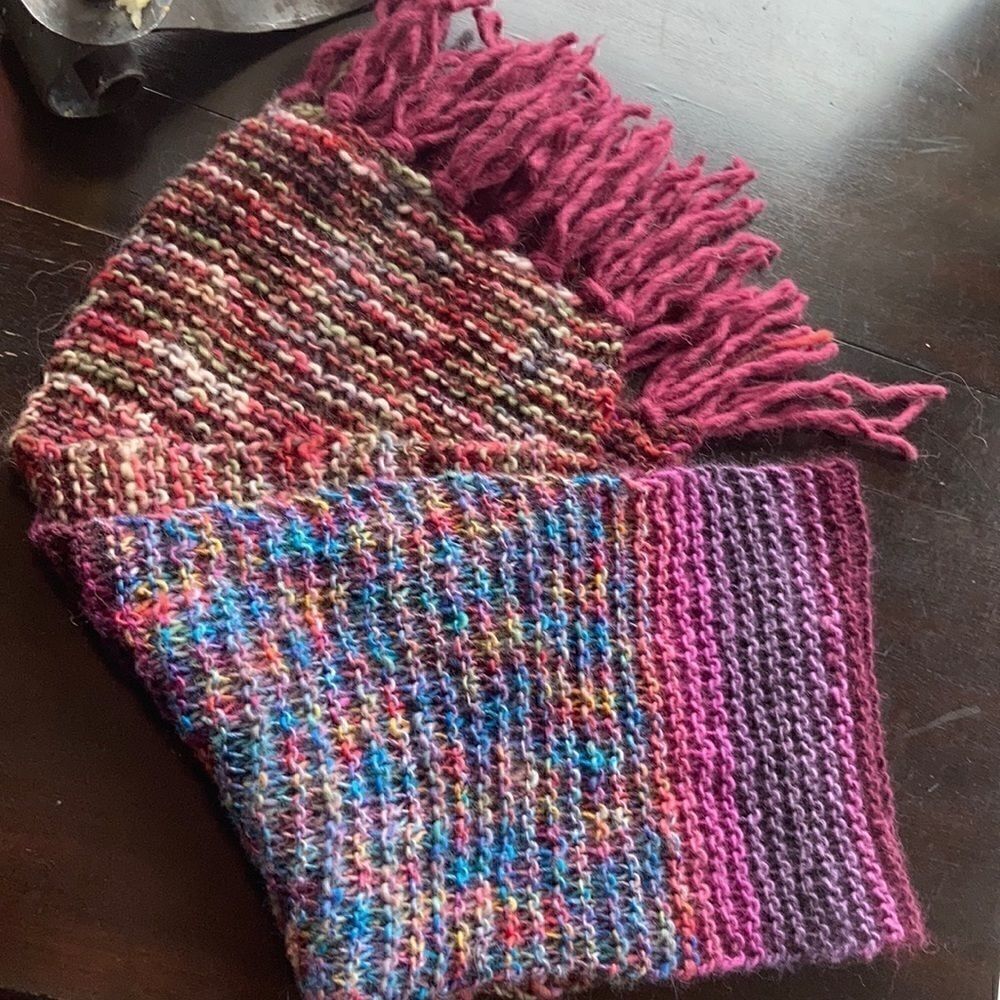 HAND CRAFTED Luxury yarn chunky knit scarf multi color wool plum orange fringe
